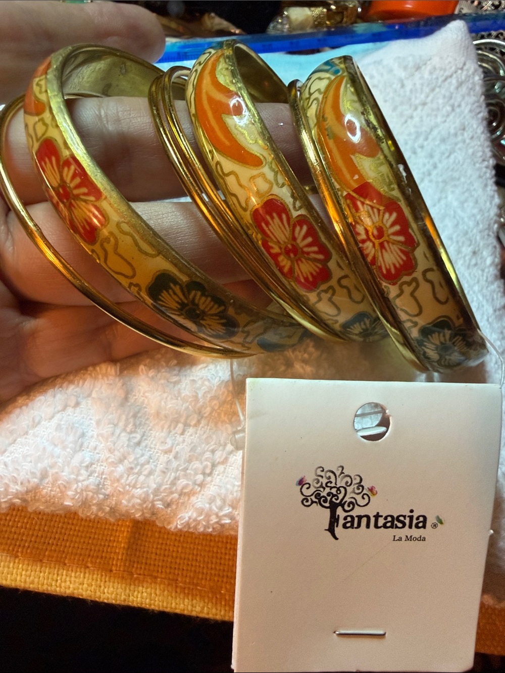 Fantasia La Moda Floral Enamel Bangle Set - Gold & Orange made in India
